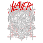 Logotipo da banda Slayer em estilo metal, com fundo verde e elementos gráficos, incluindo uma caveira, espadas e símbolos ocultos, representando a estética do thrash metal.