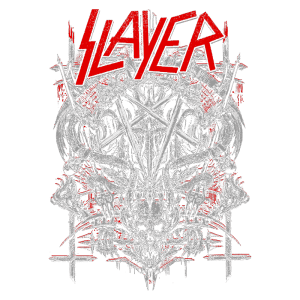Logotipo da banda Slayer em estilo metal, com fundo verde e elementos gráficos, incluindo uma caveira, espadas e símbolos ocultos, representando a estética do thrash metal.