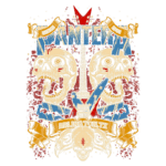 Camiseta da banda Pantera com design vintage, apresentando crânios, guitarra e elementos gráficos em estilo rock, destacando "Arlington, TX" e "Since 1981".