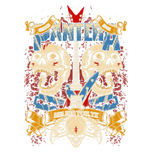 Camiseta da banda Pantera com design vintage, apresentando crânios, guitarra e elementos gráficos em estilo rock, destacando "Arlington, TX" e "Since 1981".