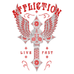 Arte gráfica com uma caveira estilizada e asas, destacando o texto "Affliction" e "Live Fast". Design vibrante com elementos de tatuagem e padrões geométricos, em tons de vermelho e branco. Ideal para temas de moda alternativa e estilo de vida ousado.
