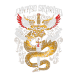 Design de camisetas da banda Lynyrd Skynyrd, apresentando uma cobra estilizada entre uma espada e asas, com as palavras "Southern Rock" e uma paleta de cores vibrantes.