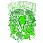 Ilustração com uma mulher de cabelos longos e verde, emanando uma aura mística, segurando uma substância fluida verde. O design está associado à banda Motherslug, com um estilo artístico vibrante e elementos de fantasia.