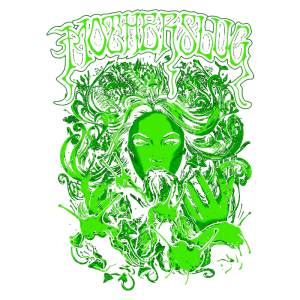 Ilustração com uma mulher de cabelos longos e verde, emanando uma aura mística, segurando uma substância fluida verde. O design está associado à banda Motherslug, com um estilo artístico vibrante e elementos de fantasia.