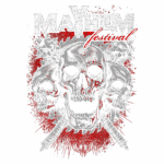 Design de arte para o Mayhem Festival, apresentando crânios envoltos em sangue com espadas cruzadas ao fundo, simbolizando intensidade e energia do festival de música pesada.