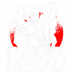 Imagem da banda de rock KISS, apresentando seus membros icônicos em trajes característicos, com um fundo vermelho e o nome da banda em destaque. Ideal para fãs de música e cultura pop.