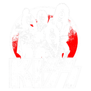 Imagem da banda de rock KISS, apresentando seus membros icônicos em trajes característicos, com um fundo vermelho e o nome da banda em destaque. Ideal para fãs de música e cultura pop.