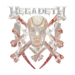 Imagem do logotipo da banda Megadeth, apresentando um crânio detalhado com óculos escuros, cercado por ossos cruzados e correntes, em um design que reflete temas de metal e agressividade.