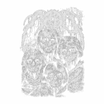 Design gráfico ilustrando quatro figuras esqueléticas com traços de rostos humanos, em estilo sombrio. A arte apresenta um fundo verde e é ideal para fãs de estética gótica ou de bandas de metal.