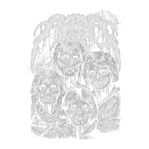 Design gráfico ilustrando quatro figuras esqueléticas com traços de rostos humanos, em estilo sombrio. A arte apresenta um fundo verde e é ideal para fãs de estética gótica ou de bandas de metal.