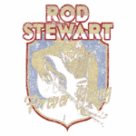 Imagem com o nome "Rod Stewart" em destaque, ilustrando o cantor tocando violão, acompanhado da frase "Forever Young", em um design vintage com cores azul e vermelho. Ideal para fãs da música e da cultura pop.