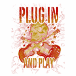 Arte com texto que combina elementos de música e cultura rock, destacando uma caveira estilizada e guitarras cruzadas, com as palavras "PLUGIN AND PLAY" em destaque. Ideal para eventos musicais ou produtos relacionados ao rock.