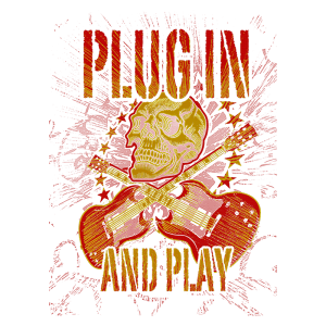 Arte com texto que combina elementos de música e cultura rock, destacando uma caveira estilizada e guitarras cruzadas, com as palavras "PLUGIN AND PLAY" em destaque. Ideal para eventos musicais ou produtos relacionados ao rock.