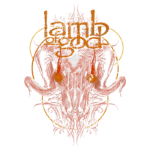 Imagem com a arte da banda Lamb of God, apresentando a cabeça de um carneiro estilizado em tons vermelhos e dourados, com detalhes intrincados ao fundo. O nome da banda está destacado em letras grandes e estilizadas.