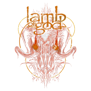 Imagem com a arte da banda Lamb of God, apresentando a cabeça de um carneiro estilizado em tons vermelhos e dourados, com detalhes intrincados ao fundo. O nome da banda está destacado em letras grandes e estilizadas.
