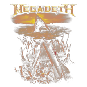 Arte da banda Megadeth, apresentando um tubarão emergindo das águas, rodeado por ossos e um foguete, simbolizando temas de destruição e apocalipse.