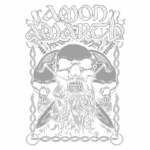 Design gráfico com tema de metal, apresentando crânios decorados e uma barba longa, elementos de arte nórdica e a logo da banda Amon Amarth em destaque. Ideal para fãs de música metal e cultura viking.