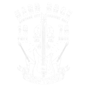 Design vintage de camiseta representando o Hard Rock em Nova Iorque, com uma guitarra central, duas caveiras e textos destacando "NEW YORK CITY CONCERT HALL 1976 FREE SOUL". Ideal para fãs de rock e música clássica.