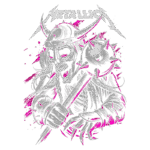 Arte de camiseta com tema de heavy metal, mostrando um personagem esquelético viking, empunhando uma maça e um bastão, com chifres e cabelos longos, em um fundo com salpicos de tinta rosa, com o logo da banda Metallica em destaque.