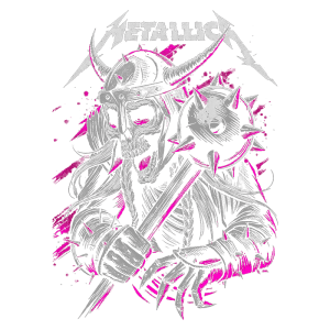 Arte de camiseta com tema de heavy metal, mostrando um personagem esquelético viking, empunhando uma maça e um bastão, com chifres e cabelos longos, em um fundo com salpicos de tinta rosa, com o logo da banda Metallica em destaque.