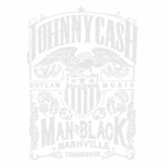 Design gráfico inspirado em Johnny Cash, destacando os temas de "Outlaw Music" e "Man in Black". O design apresenta elementos como águia, escudo e inscrições artísticas, com fundo verde. Ideal para fãs de música country e cultura americana.