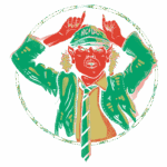 Ilustração de um personagem masculino com cabelo desgrenhado, usando um chapéu da banda AC/DC, camisa social e gravata, fazendo o sinal de chifres com as mãos. O fundo apresenta um círculo com um efeito desgastado, criando um visual vibrante e enérgico.