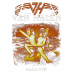 Capa do álbum "Balance" da banda Van Halen, apresentando crianças nuas em um ambiente ao ar livre, uma delas gritando em uma cadeira de balanço, com um fundo em tons de laranja.