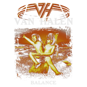Capa do álbum "Balance" da banda Van Halen, apresentando crianças nuas em um ambiente ao ar livre, uma delas gritando em uma cadeira de balanço, com um fundo em tons de laranja.
