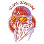 Ilustração de uma figura com máscara e óculos escuros, destacando elementos de design inspirados na banda Black Sabbath, com cores vibrantes em fundo vermelho.
