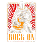 Ilustração de músico de rock com guitarra Les Paul, vestindo chapéu de copa, em fundo vermelho radiante. Texto em destaque "ROCK ON". Ideal para produtos e merchandising relacionados à música e cultura rock.