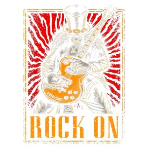 Ilustração de músico de rock com guitarra Les Paul, vestindo chapéu de copa, em fundo vermelho radiante. Texto em destaque "ROCK ON". Ideal para produtos e merchandising relacionados à música e cultura rock.