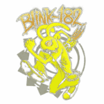 Imagem do mascote da banda Blink-182, um coelho amarelo estilizado em movimento, segurando uma arma, com o nome "BLINK-182" em destaque no topo. O fundo possui um padrão com formas em espiral, representando a estética punk rock da banda.