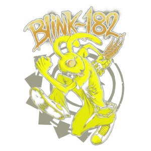 Imagem do mascote da banda Blink-182, um coelho amarelo estilizado em movimento, segurando uma arma, com o nome "BLINK-182" em destaque no topo. O fundo possui um padrão com formas em espiral, representando a estética punk rock da banda.