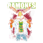 Arte inspirada na banda Ramones, retratando um esqueleto usando jaqueta de couro e segurando dois bastões de beisebol, com uma estética vibrante e punk, fundo vermelho e elementos gráficos que evocam a cultura rock.