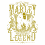 Imagem estilizada de Bob Marley, repleta de símbolos da cultura jamaicana, com o texto "Bob Marley Legend" e elementos gráficos como leões, representando sua influência na música reggae e na luta por liberdade.