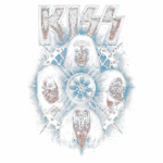 Arte da banda KISS, apresentando os quatro membros icônicos com suas maquiagens características em um design vibrante e detalhado, destacando o logo da banda no topo.