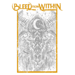 Arte gráfica da banda Bleed From Within, apresentando uma ilustração detalhada com símbolos místicos e um design que combina elementos de metal e rock. Fundo verde com destaque em laranja, ideal para fãs de música pesada.