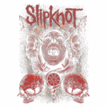 Arte gráfica da banda Slipknot, apresentando uma figura feminina com expressão intensa, cercada por elementos sombrios, como crânios e símbolos ocultos. O design em tons de vermelho e preto reflete a estética do metal. Ideal para fãs do gênero e colecionadores de memorabilia musical.