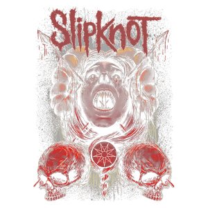 Arte gráfica da banda Slipknot, apresentando uma figura feminina com expressão intensa, cercada por elementos sombrios, como crânios e símbolos ocultos. O design em tons de vermelho e preto reflete a estética do metal. Ideal para fãs do gênero e colecionadores de memorabilia musical.