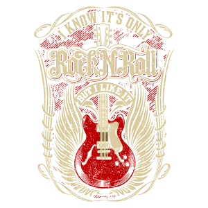 Design gráfico com uma guitarra vermelha estilizada e a frase "I know it's only rock'n roll but I like it", ideal para amantes de rock.