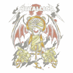 Arte do logotipo da banda Metallica, apresentando uma ilustração com um olho dentro de uma chave, cercado por asas de morcego, mãos esqueléticas e elementos sombrios, simbolizando o estilo heavy metal da banda.