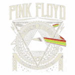 Arte vintage da banda Pink Floyd, destacando o álbum "The Dark Side of the Moon" com um triângulo central e um espectro de cores, representando a famosa capa do álbum. Inclui detalhes de turnê de 1972-1973.