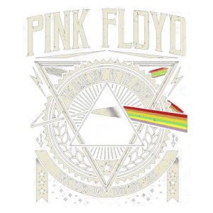 Arte vintage da banda Pink Floyd, destacando o álbum "The Dark Side of the Moon" com um triângulo central e um espectro de cores, representando a famosa capa do álbum. Inclui detalhes de turnê de 1972-1973.