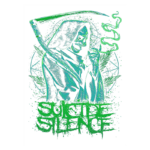 Ilustração de uma figura esquelética com capuz, segurando uma foice e uma fumaça verde em serpentina, com o texto "Suicide Silence" em destaque na parte inferior. O fundo apresenta elementos gráficos que evocam uma atmosfera sombria e misteriosa, ideal para fãs de heavy metal.