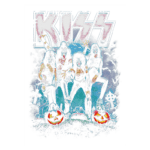 Imagem da banda KISS em estilo Halloween, com os membros vestidos com maquiagem de esqueleto e roupas glamorosas, ao fundo um cenário noturno com abóboras decoradas e uma atmosfera sombria.