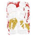 Ilustração de três esqueletos em uma performance musical, com um em destaque segurando um microfone e outros com instrumentos. O fundo é vermelho com detalhes em branco. A arte apresenta a frase "Radio Tapok" em uma faixa na parte inferior, destacando o tema musical e artístico.