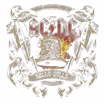 Logotipo da banda AC/DC com a frase "Hells Bells", apresentando um sino em chamas e elementos gráficos de relâmpagos e ornamentos, simbolizando o icônico estilo rock.