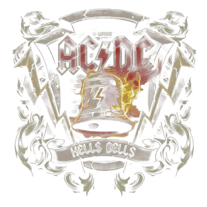 Logotipo da banda AC/DC com a frase "Hells Bells", apresentando um sino em chamas e elementos gráficos de relâmpagos e ornamentos, simbolizando o icônico estilo rock.