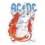 Logotipo da banda AC/DC sobre uma guitarra elétrica envolvida por chamas, simbolizando a energia e a intensidade do rock and roll.