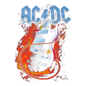 Logotipo da banda AC/DC sobre uma guitarra elétrica envolvida por chamas, simbolizando a energia e a intensidade do rock and roll.